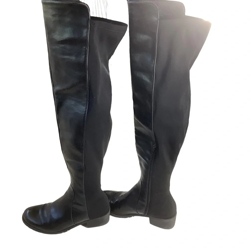 Over the Knee Black Faux Leather Boots Size 9 Thigh High Chunky Heel Fall Trend